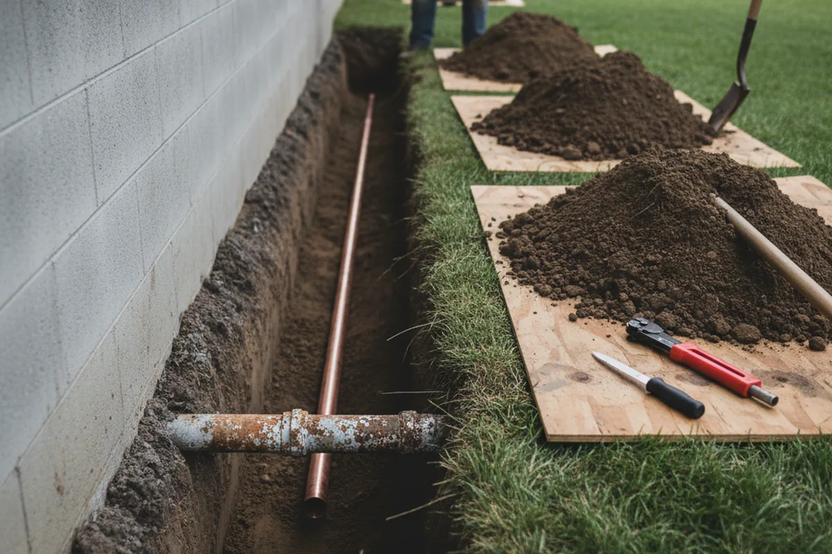 Excavated water line trench during Water Softener Installation in Johnstown